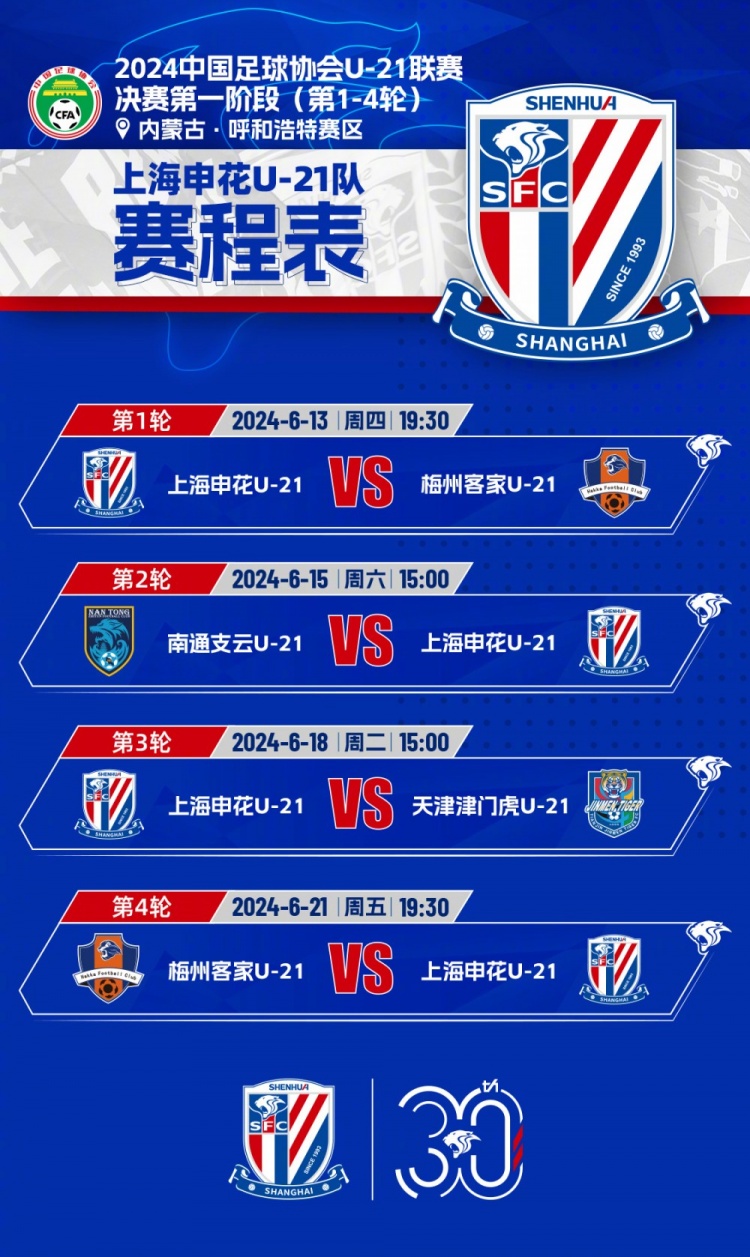 U21联赛决赛阶段将于6月13日开赛，让我们为上海申花U21队加油！